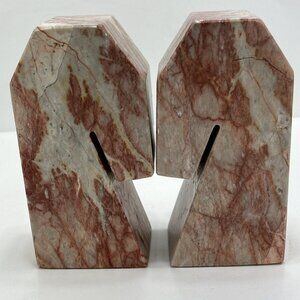 Vintage Marble Horse Head Book Ends Stone Heavy Red White Study Decor